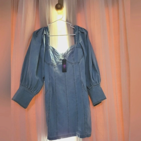 NWT Nicole Lynel Denim Puff Sleeve/Shoulder Mini Bodycon Dress, Size Medium. - Picture 2 of 7
